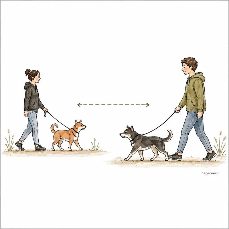 Illustration von 2 Mensch-Hund Teams beim Duo Training für Hundebegegnungen