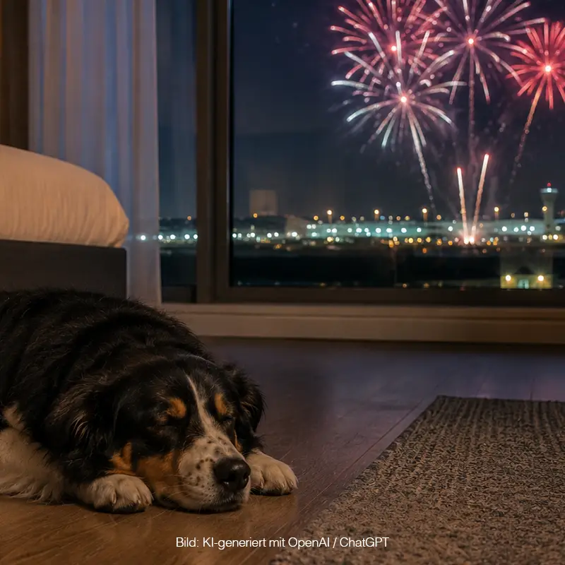 Hund mit Geräuschangst liegt entspannt im Hotelzimmer des Mövenpick Hotel Stuttgart Airport an Silvetser